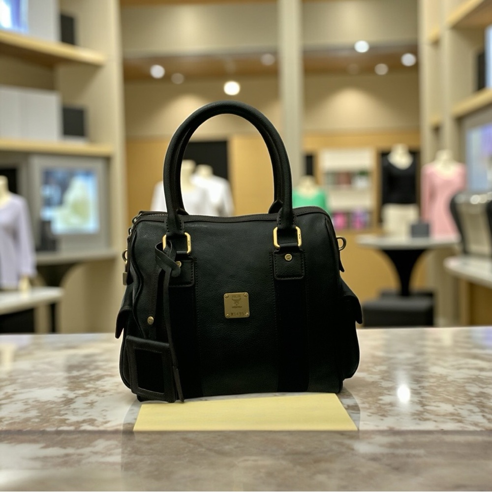 MCM Black Leather Boston Bag with Brass Lock